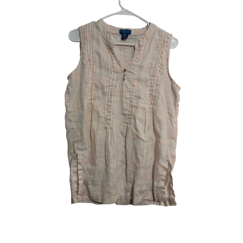 Antibes Blanc Linen‎ Tunic Top Boho Pink Embroidered Sleeveless Henley M